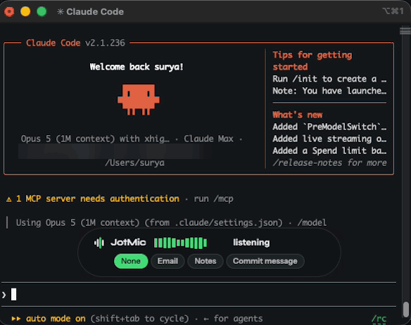 Claude Code receiving a dictated prompt through JotMic, with the real terminal and dictation bar visible.