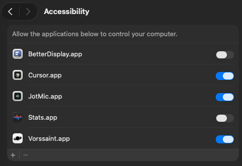 The macOS Accessibility settings list with JotMic switched on.