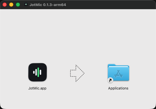 The JotMic disk image open, with the app being dragged to the Applications folder.
