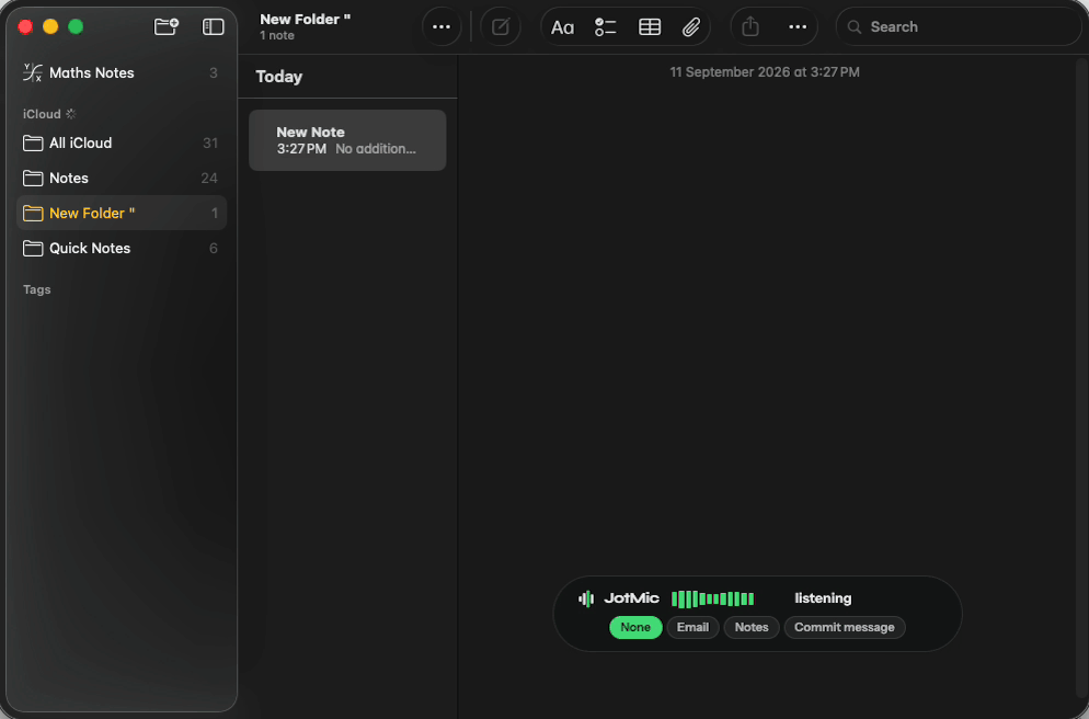 Apple Notes receiving a dictated line through JotMic.