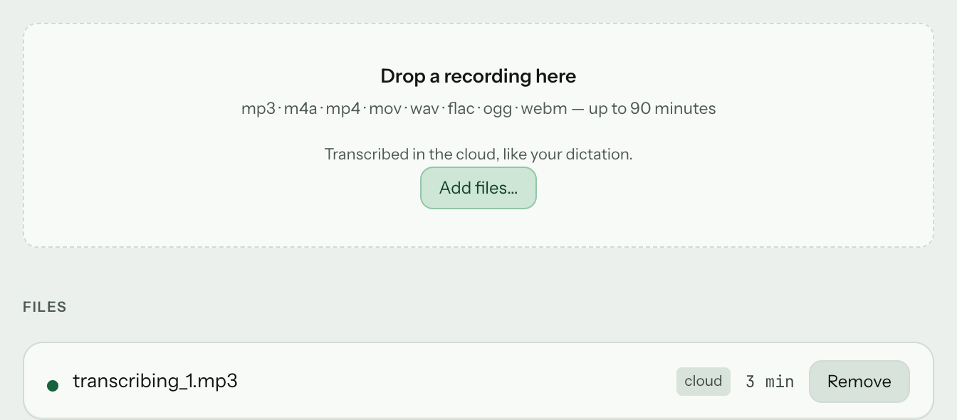 JotMic's Transcribe screen, showing accepted file formats, a 90-minute limit, and a queued recording.